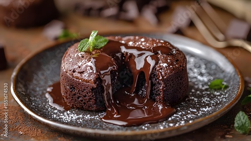 9. Focus shot of chocolate lava cakes with melted centers oozing on a plate