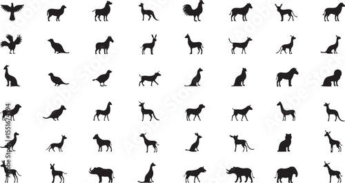A vector set of diverse black silhouettes including people, animals, and sport icons for seamless design illustration