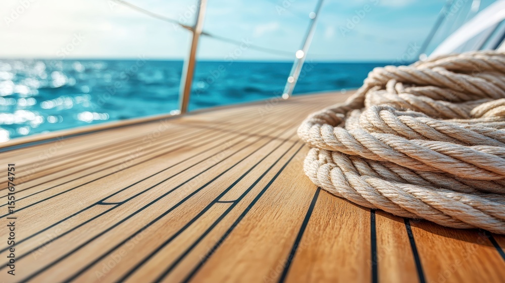 Obraz premium A beautifully composed close-up shot of a yacht's wooden deck, featuring intricately arranged ropes and glistening water beneath a bright sky, evoking a sense of relaxation.