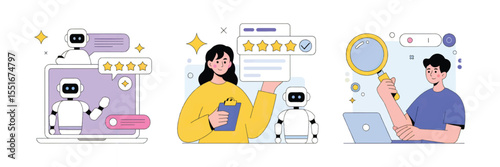 Flat cartoon vector illustration of people interacting with robots and feedback systems isolated on transparent background