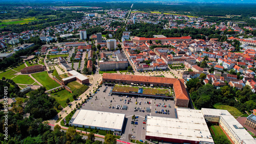 Fototapeta Naklejka Na Ścianę i Meble -  Aerial panorama view above the old town of the city Germersheim in Germany on a sunny noon in spring