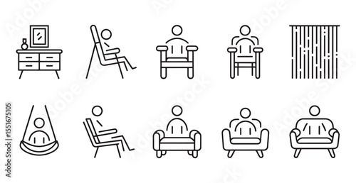 Home Furniture Icons Set, Chairs, Couches, Tables, Mirrors, and Living Room Furniture Symbols for Interior Design and Home Decor