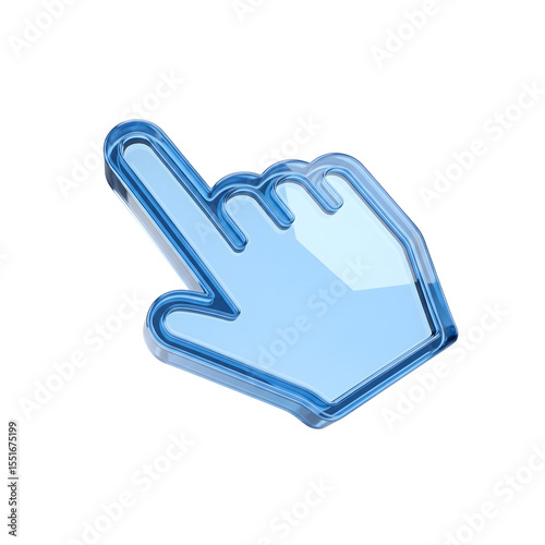 Blue glass hand cursor pointing isolated on transparent white background
