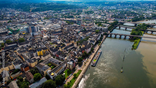 Fototapeta Naklejka Na Ścianę i Meble -  Aerial panorama view above the old town of the city Koblenz in Germany on a sunny noon in spring
