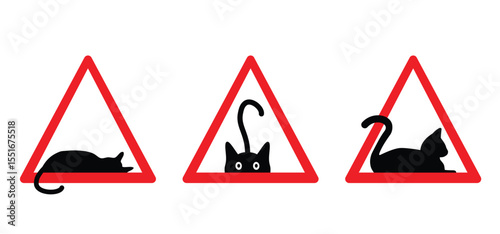 Beware of cats. Traffic, road sign. Triangle symbol. Attention cat. Danger, pet caution. Cat animal warning pictogram. Attention mark with cat. Symbol of home animals. watch out cats on the street.