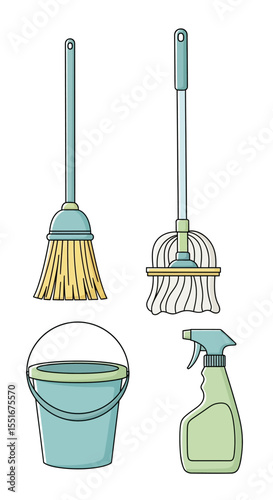 Cleaning Tools Set – Vector Illustration of Broom, Mop, Bucket, and Spray Bottle for Home and Sanitation Education