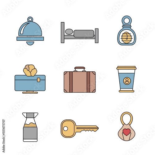 Flat Hotel Amenities and Travel Icons Set