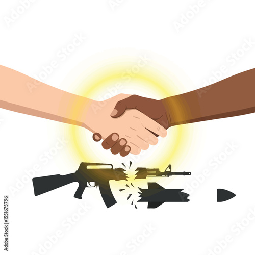 Handshake of Peace: A symbolic illustration of unity and reconciliation, two hands of different skin tones clasp in a firm handshake above a broken weapon.