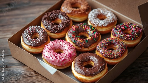 33. Composition of baked donuts in a gift box with a transparent lid