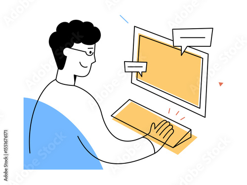 A smiling man works at computer keyboard in modern digital workspace, representing online communication, creative publishing, and technology interaction in minimal style