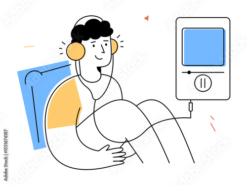 A person sits comfortably with headphones, enjoying relaxing audiobook listening through digital device, symbolizing modern leisure and entertainment technology