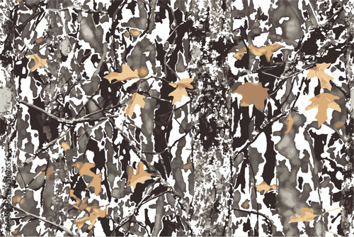 A camouflage pattern with leaves and branches, designed to mimic the forest environment for hunting.Hunting camouflage background. Vector camouflage texture