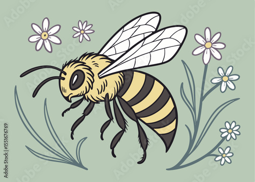 Highly Detailed Realistic Bee Vector Illustration – Close-Up of Flying Insect with Wings, Antennae, and Fuzzy Body for Nature, Science, and Pollination-Themed Designs