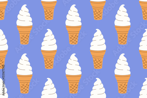Summer seamless pattern soft white vanilla ice cream, gelato in waffle cone on blue  background. Wallpaper National Ice Cream Day. Hand drawn Flat Vector illustration EPS10
