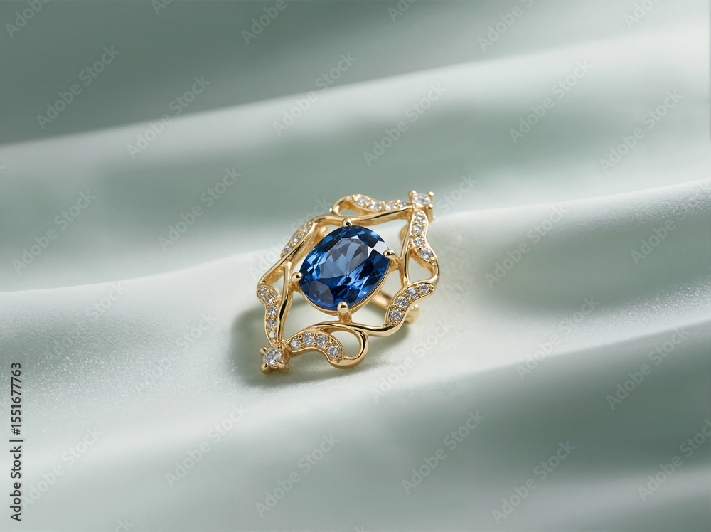 Fototapeta premium An opulent golden brooch, featuring a captivating oval blue sapphire surrounded by sparkling diamonds and intricate filigree, elegantly rests upon a luxurious draped silk fabric. 