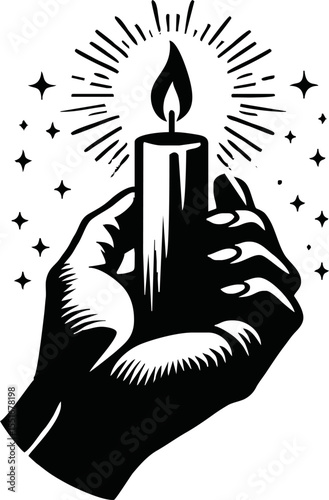 Silhouette of hand hold candle light vector style on white background