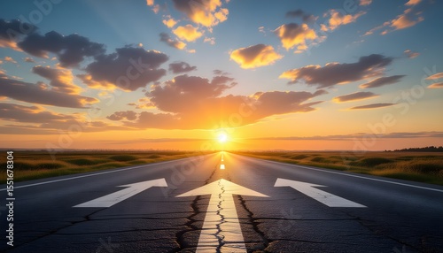 Asphalt road with two arrows at sunset sky background. Business concept