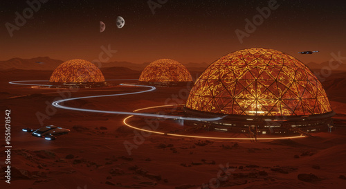 Futuristic Martian Colonies Illuminated Biodomes on a Red Planet