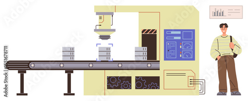 Factory machine processes boxes on conveyor with robotic arm as worker observes. Ideal for manufacturing, automation, technology, industry, process optimization, logistics, simple flat metaphor