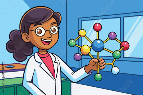 A cheerful scientist in a lab coat holds a vibrant molecular model in a bright laboratory—radiating enthusiasm for chemistry, biology, research, education, and scientific discovery.