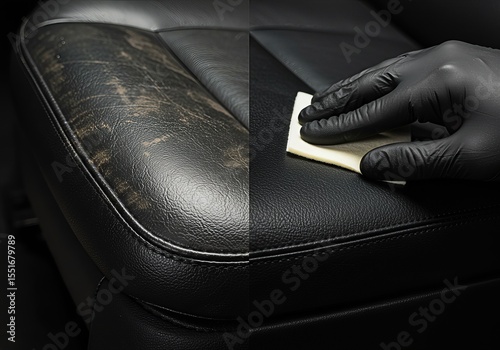 Before and after leather car seat restoration. Cleaning and conditioning worn vehicle upholstery.