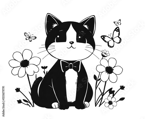 Cute Cat with Bow Tie in Floral Setting