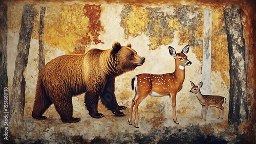 Wildlife encounter bear deer and fawn in autumn forest digital art tranquil setting artistic perspective