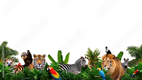 Safari adventure wild animals in tropical jungle nature scene bright daylight vibrant wildlife