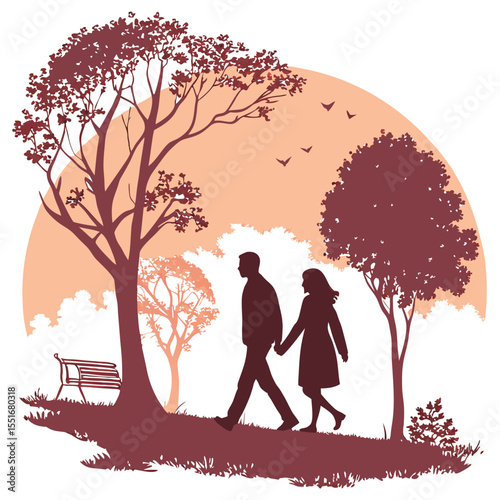 Romantic Couple Strolling Through Sunset Park A Serene Evening Walk