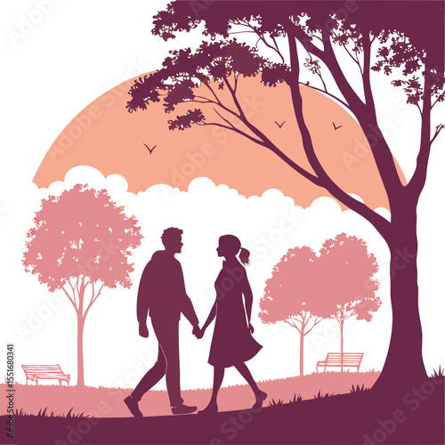 Romantic Couple Silhouette Walking in Park at Sunset Love, Nature, and Togetherness