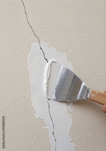 Handyman Fixing a Cracked Wall with a Putty Knife. Applying Spackle or Plaster for Home Repair, Renovation, and DIY Maintenance Project.