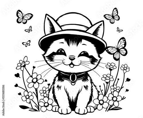 Cute Cartoon Cat in Hat with Butterflies and Flowers Coloring Page