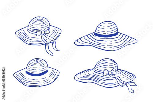 Hand draw women's summer hat with bow vector illustration. Beach headgear set on white background