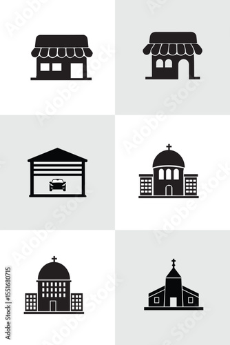 Simple Black and White Building Icon Set Featuring Commercial Storefronts Garage and Church Silhouettes Ideal for Graphic Design.