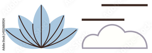 Stylized blue lotus blossom paired with a gray cloud and minimal lines, reflecting harmony, serenity, and nature. Ideal for wellness, mindfulness, balance, calm, relaxation meditation simple flat
