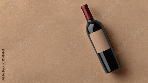 Red wine bottle model on the right side of empty brown, red background, flat lay, product design, top view, high resolution.