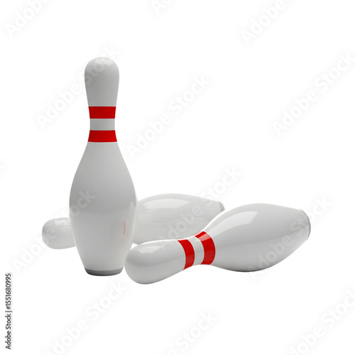 Three bowling pins one standing and two laying isolated on transparent background