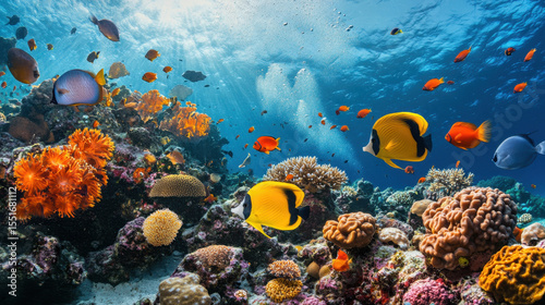 A resplendent and teeming society of aquatic creatures thrives harmoniously amidst vibrant tapestry of life that adorns coral reef. generative ai