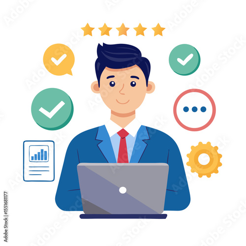 Quality assurance concept Efficiency guarantee development reliability standard feedback satisfaction and service Businessman using laptop with quality assurance icons modern flat design simple