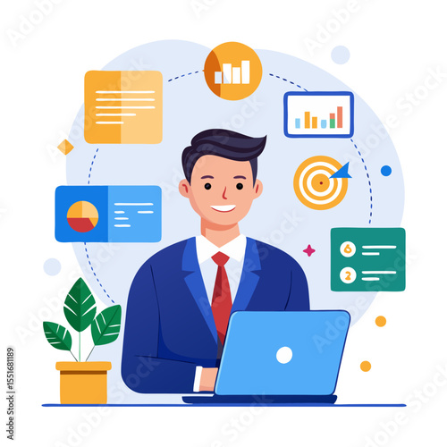 CRM for sales Customer relationship management software concept Businessman using laptop with sales control and monitoring software with client database modern flat design simple vector illustration