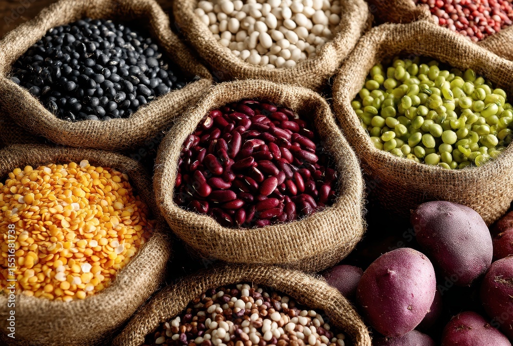 Fototapeta premium Colorful Assortment of Dried Legumes and Beans in Rustic Burlap Bags on a Wooden Surface with Fresh Potatoes Nearby