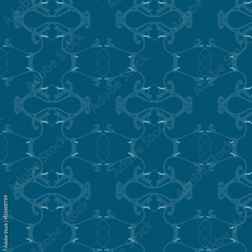 รูปแบบการA seamless scroll pattern with classic blue shapes blue background.