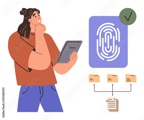 Thinking person holds a tablet near digital fingerprint authentication linked to file folders and documents. Ideal for cybersecurity, biometrics, digital access, authentication, data sharing