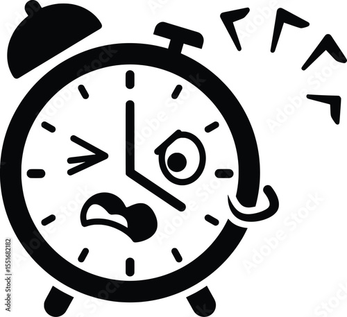 Alarm Clock Vector Illustration, Humorous Design in Black and White Style