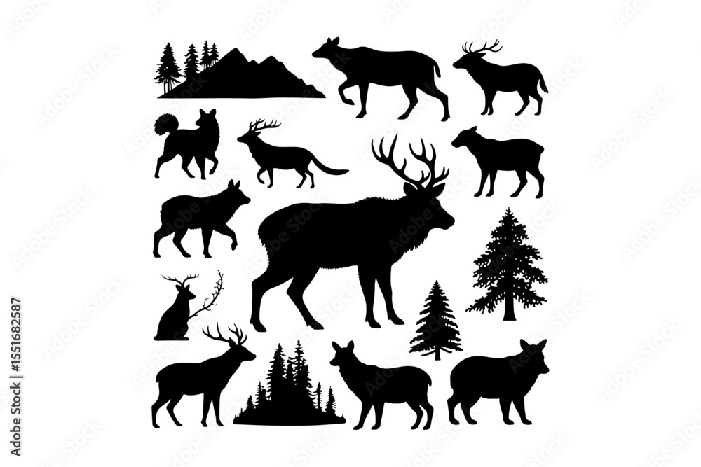 Obraz premium Silhouette collection of wild and farm animals in black vector style