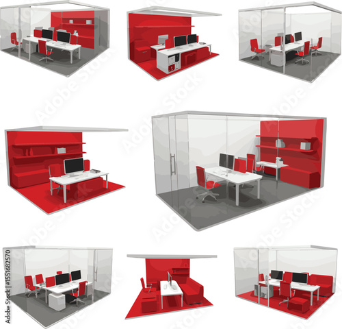 Create a kinds of deferent Modern office interior with red furniture, computers, and frosted glass partitions in clean workspace setting with 3D Rendering vector art with white background.