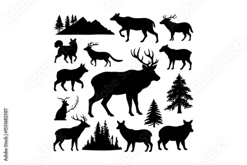 Silhouette collection of wild and farm animals in black vector style
