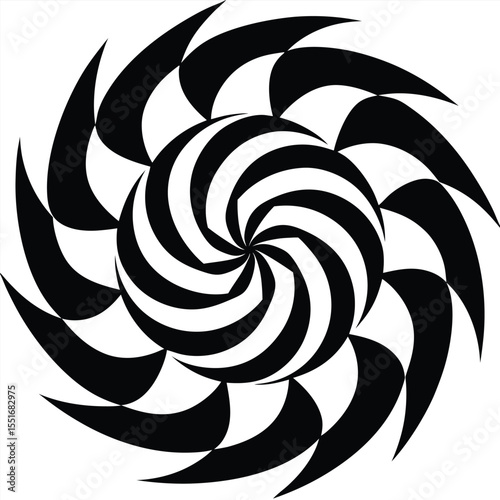Dynamic abstract design composed of spiraling black and white geometric shapes