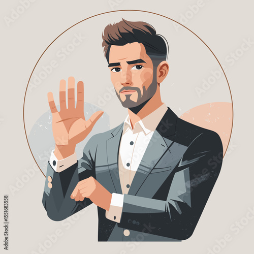 Vector illustration of businessman making stop gesture, neutral background