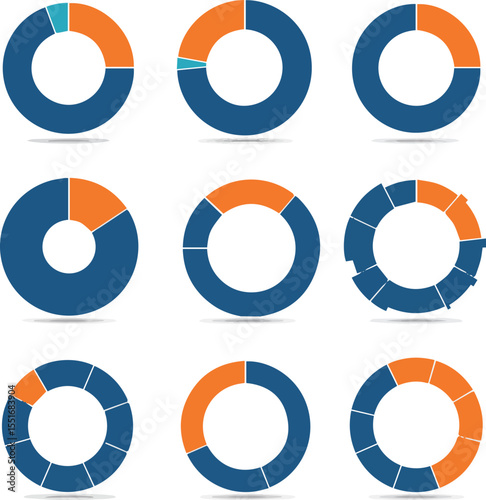 Create a kinds of deferent Pie chart set, segmented circle icons, color infographic flower round diagram, vector art.